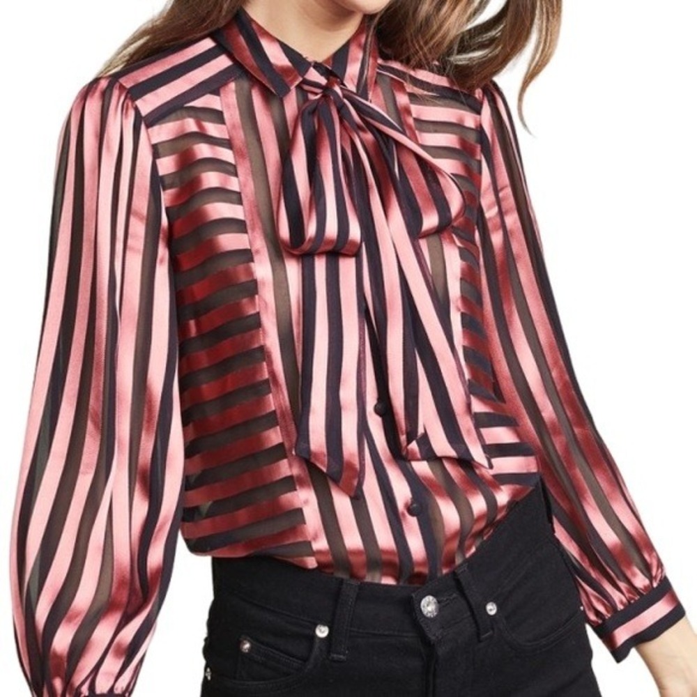 Alice + Olivia Willis Rose Pink and Shadow Black Striped Tie Neck Top M Preppy